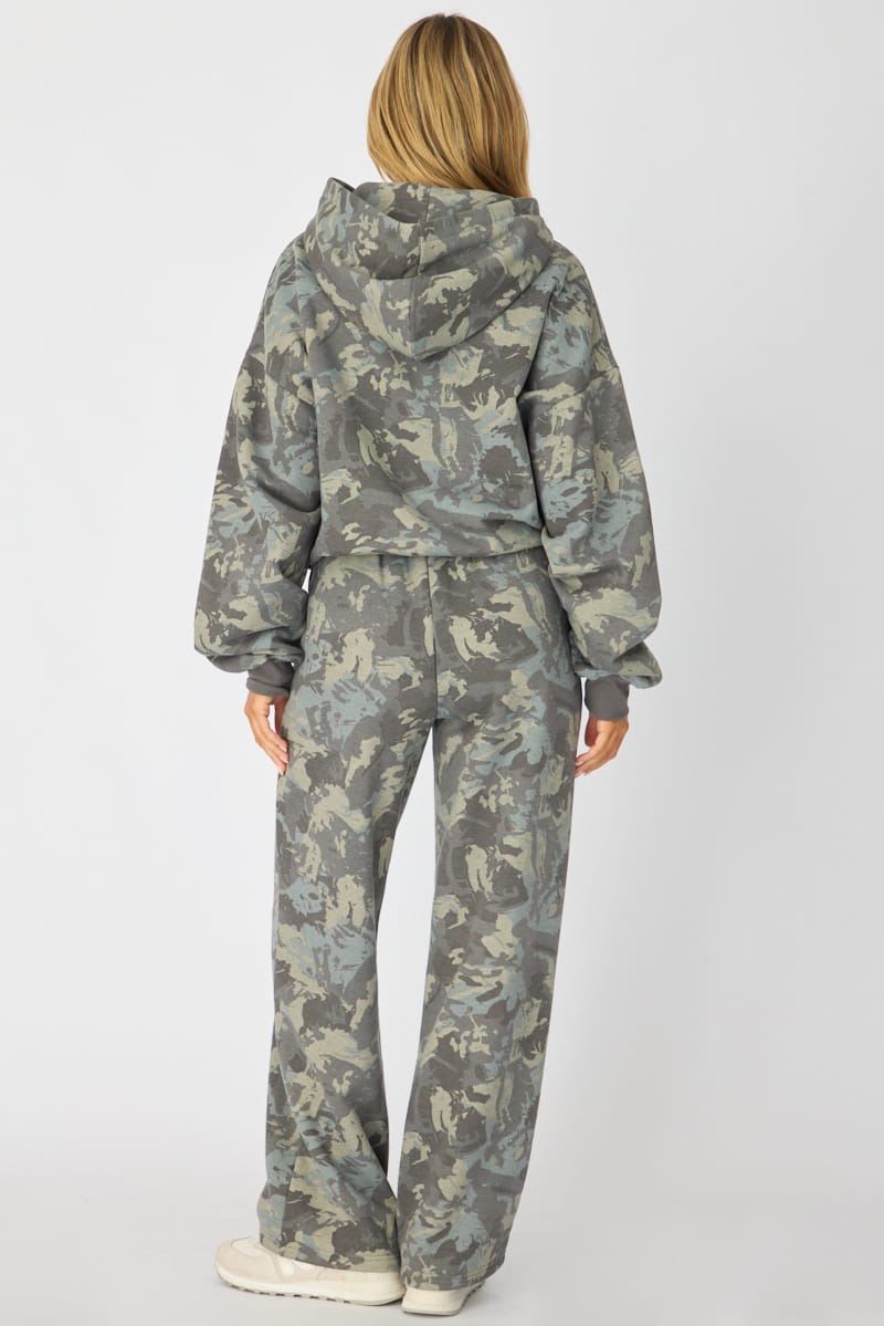 Green Print Track Pants Wide Leg