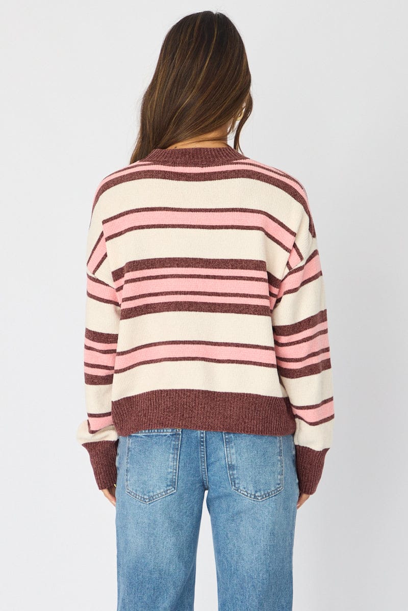 Brown Stripe Chenille Stripe Knit Sweater