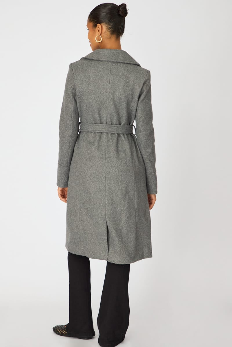 Grey Belted Coat Knee Length Long Sleeve