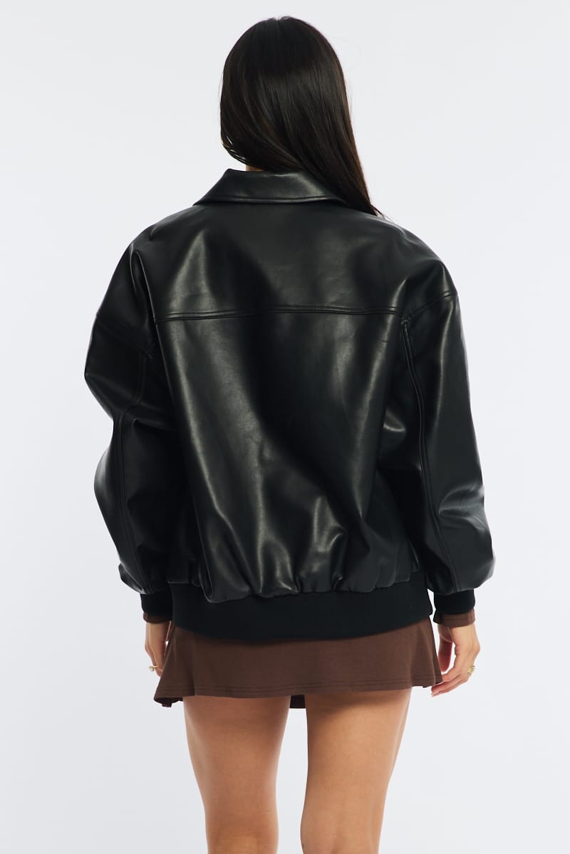 Black Bomber Jacket Faux Leather