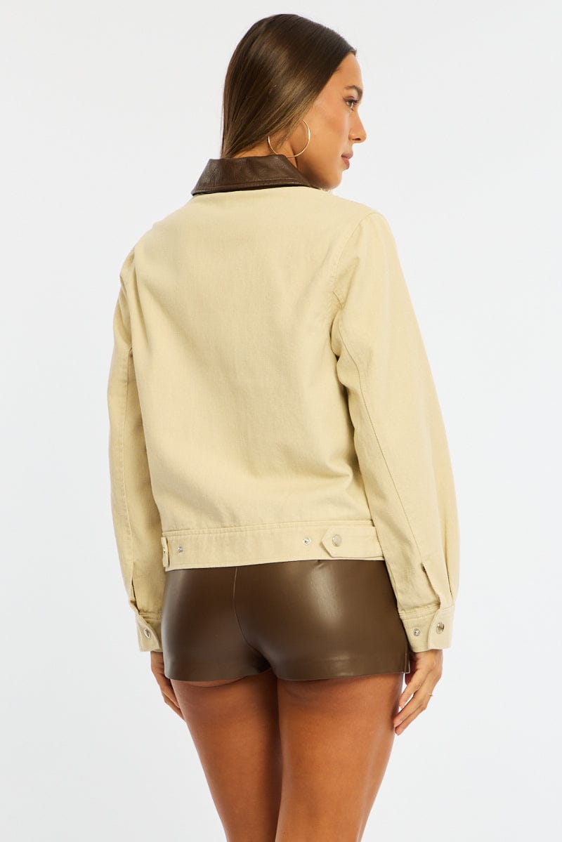 Beige Worker Jacket Faux Leather Collar