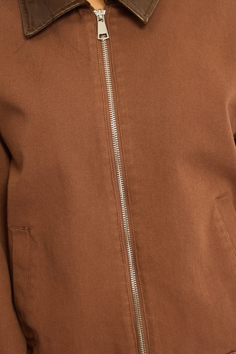 Brown Worker Jacket Faux Leather Collar