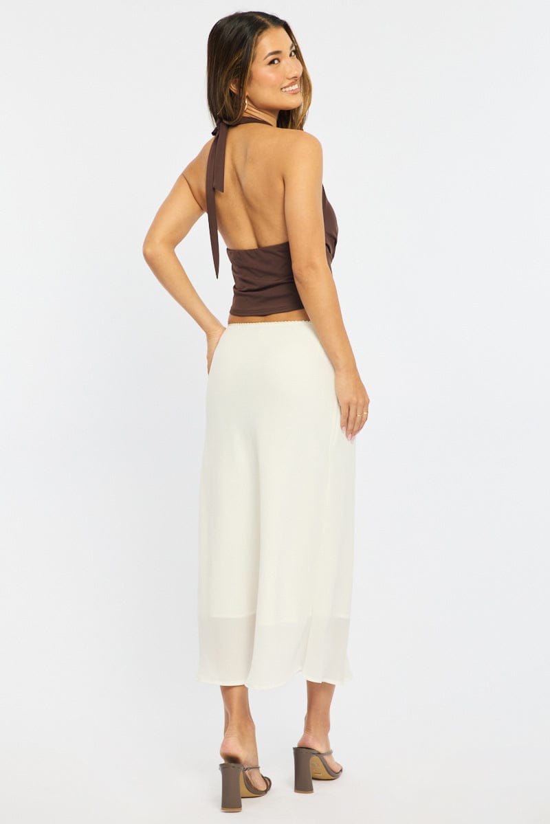 White Midi Skirt Mid Rise Chiffon Lined