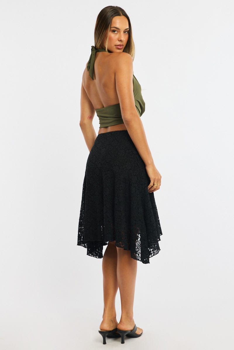 Black Lace Midi Skirt Mid Rise Textured Lined