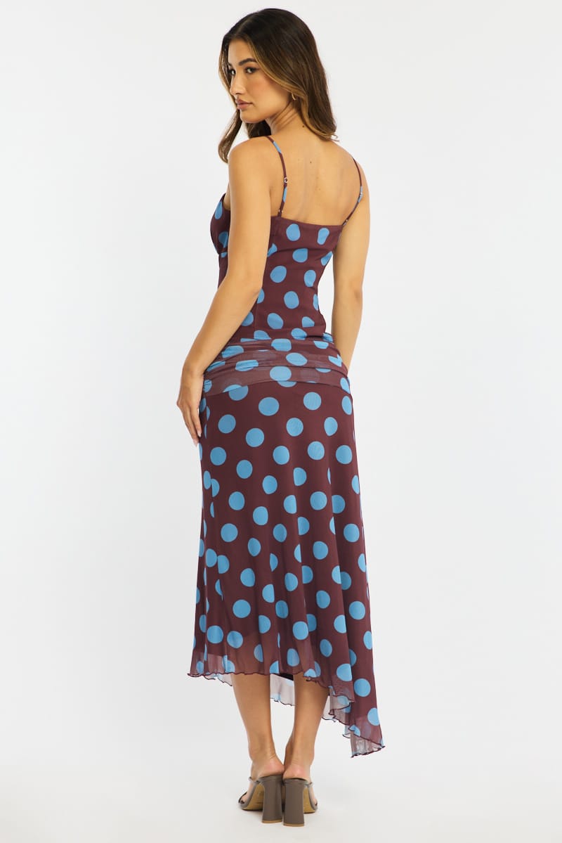 Brown Polka Dot Scarf Hem Midi Skirt Elastic Waist