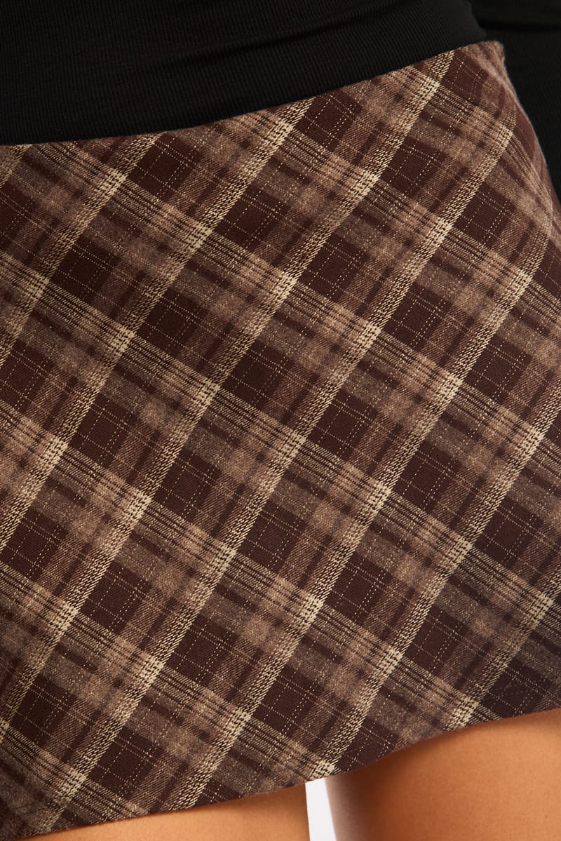 Brown Check Mini Skort Skirt Mid Rise A-line Shorts Lined