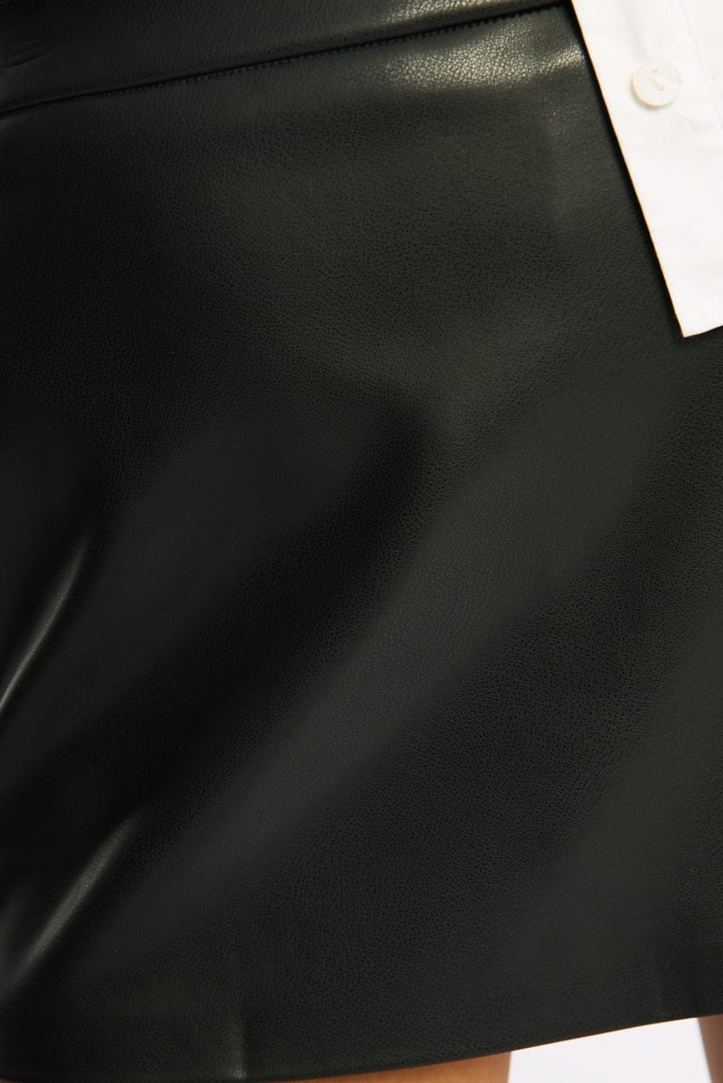 Black Pu Mini Skort Skirt Mid Rise Faux Leather