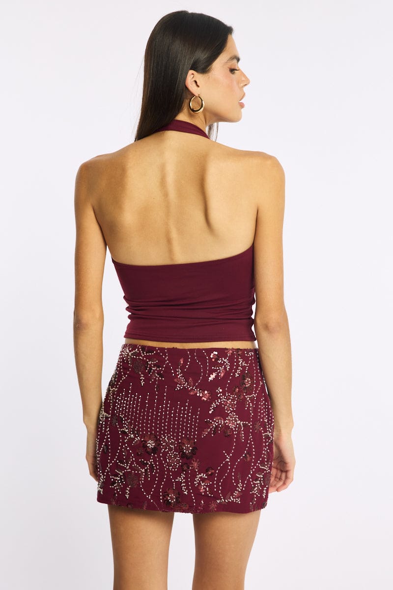 Red Sequins Mini Skirt Mid Rise Lined