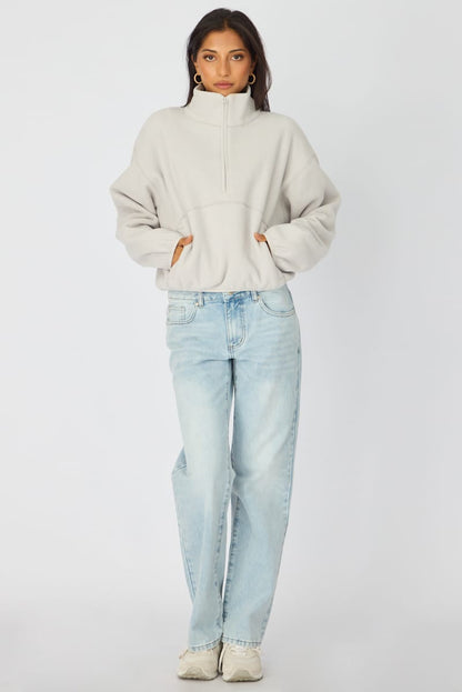 Grey Oversized Fit Long Sleeve Fleece Sweater