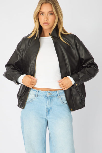 Black Bomber Jacket Washed Faux Leather