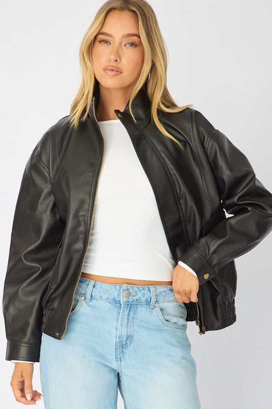 Black Bomber Jacket Washed Faux Leather