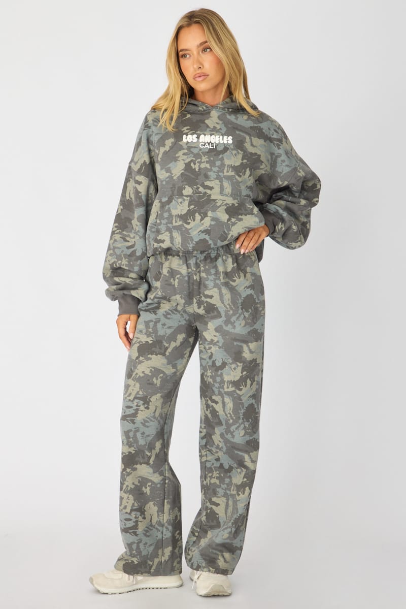 Green Print Track Pants Wide Leg