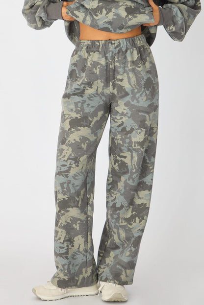 Green Print Track Pants Wide Leg
