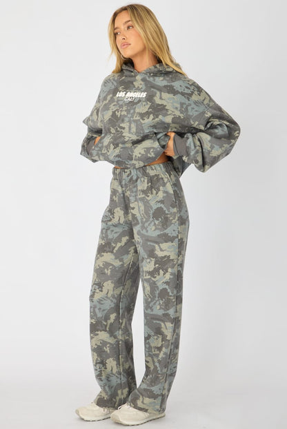 Green Print Track Pants Wide Leg