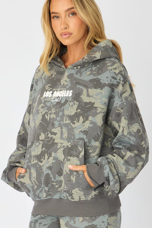 Green Print Hoodie Sweater Long Sleeve