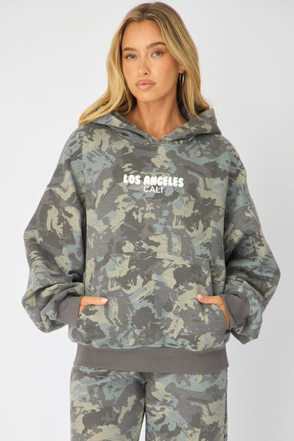 Green Print Hoodie Sweater Long Sleeve
