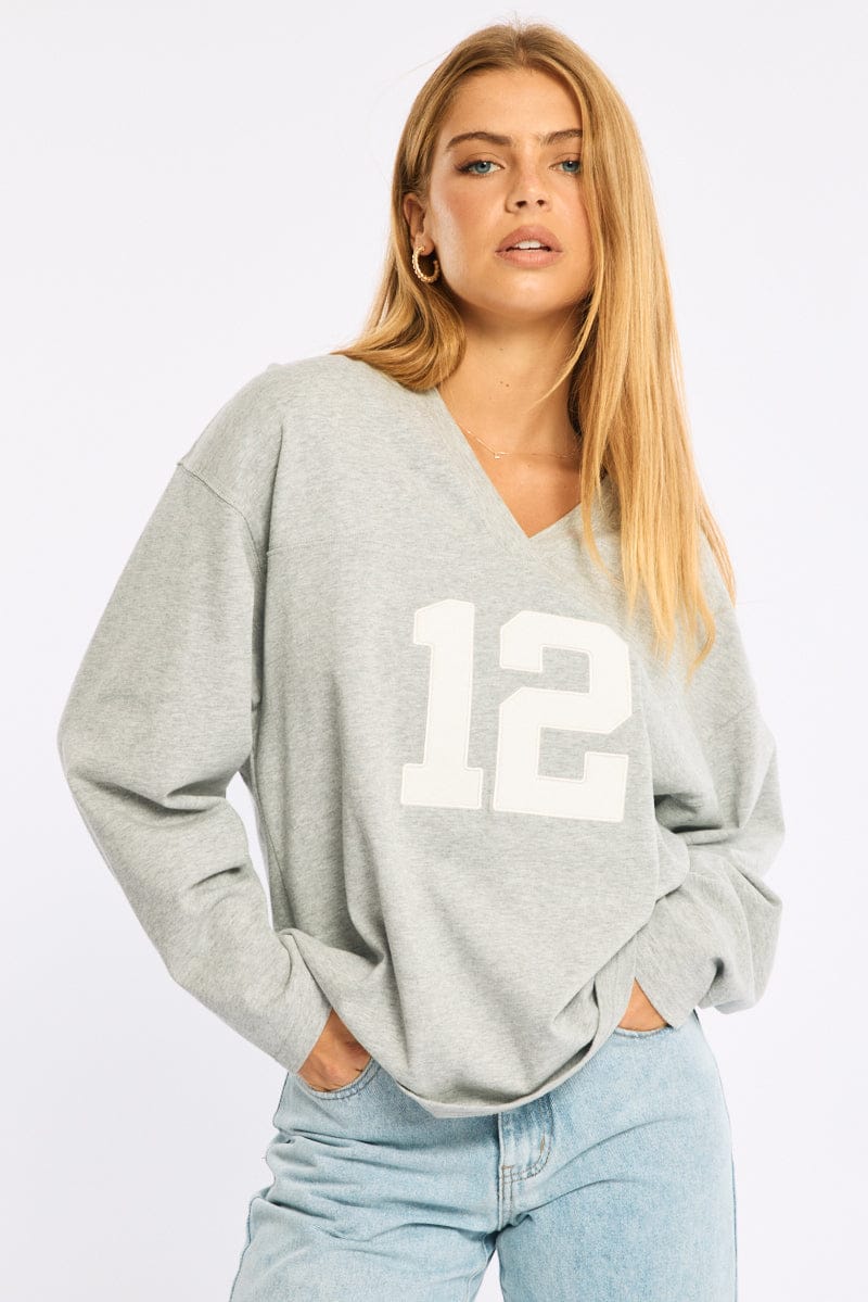 Grey V-neck Sweater Long Sleeve
