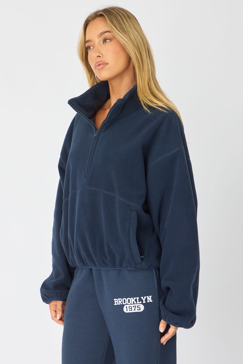 Blue Oversized Fit Long Sleeve Fleece Sweater