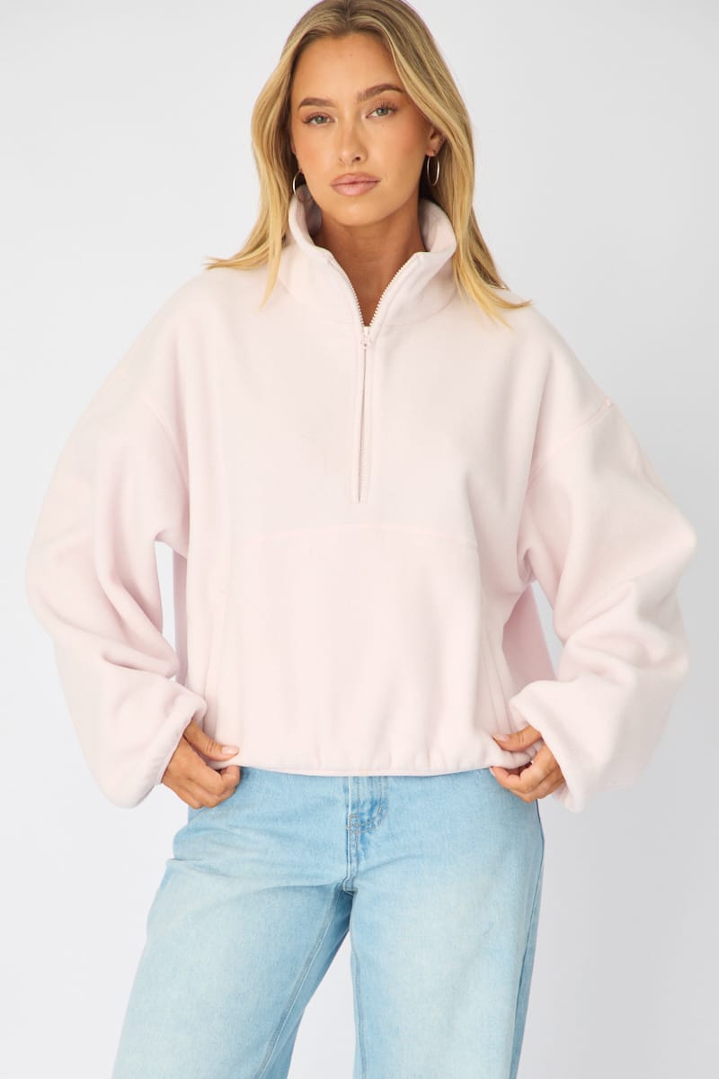 Pink Oversized Fit Long Sleeve Fleece Sweater