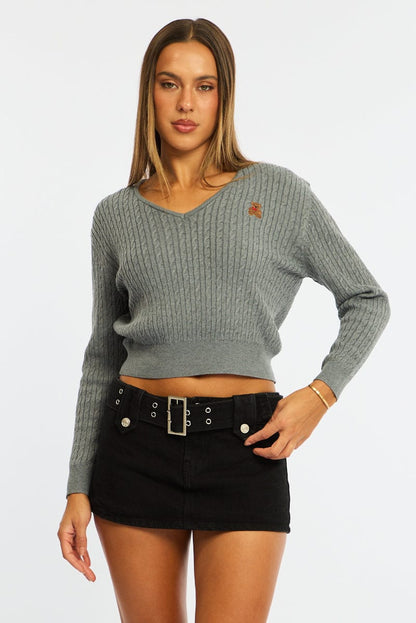 Grey Cable Knit Sweater Top Teddy Bear Embroidery