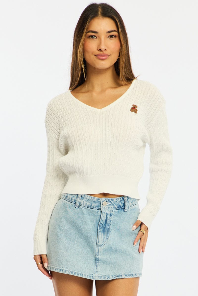 White Cable Knit Sweater Top Teddy Bear Embroidery