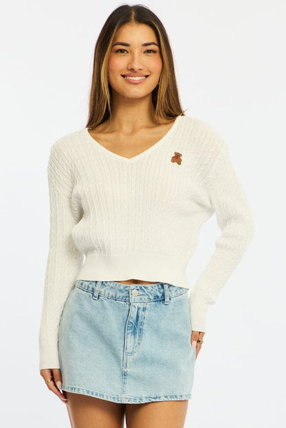 White Cable Knit Sweater Top Teddy Bear Embroidery