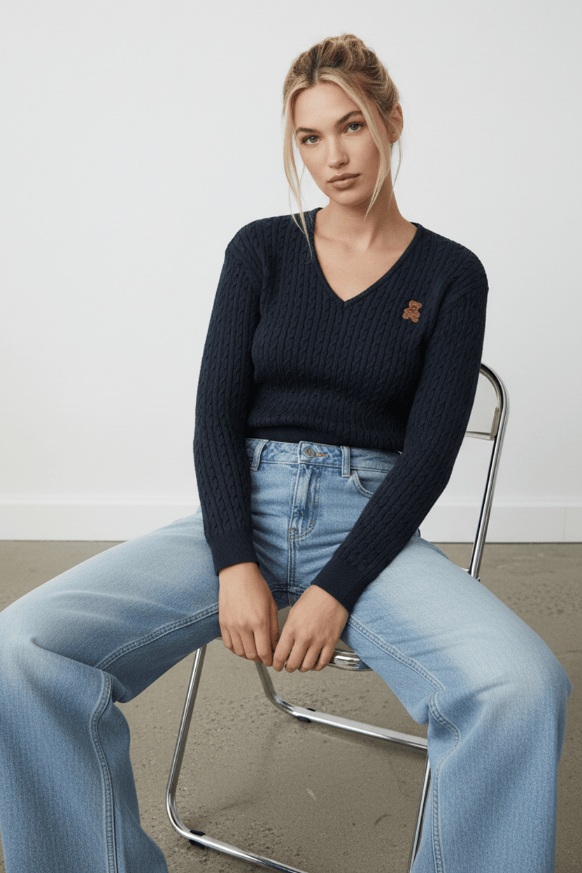 Blue Cable Knit Sweater Top Teddy Bear Embroidery