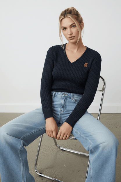 Blue Cable Knit Sweater Top Teddy Bear Embroidery