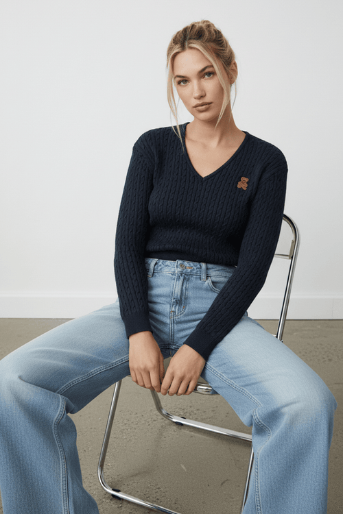 Blue Cable Knit Sweater Top Teddy Bear Embroidery