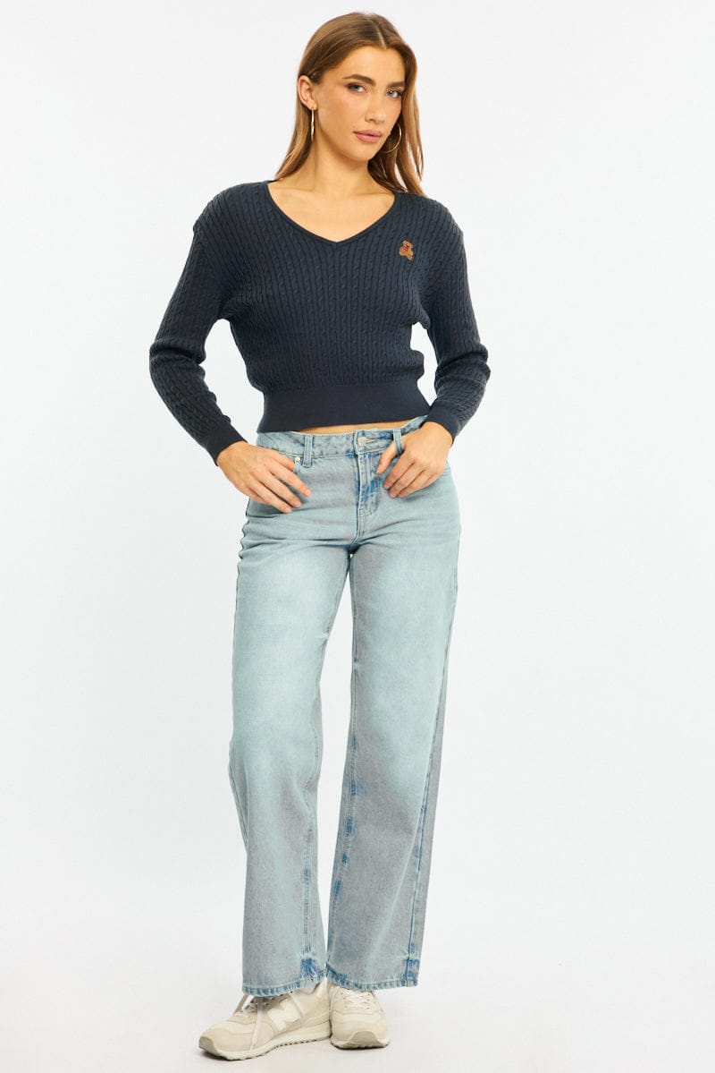 Blue Cable Knit Sweater Top Teddy Bear Embroidery