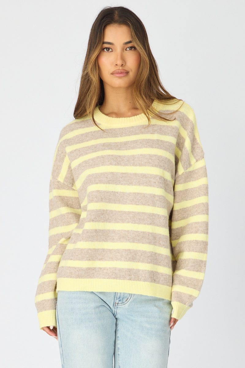 Yellow Stripe Basic Stripe Knit Sweater Oversized