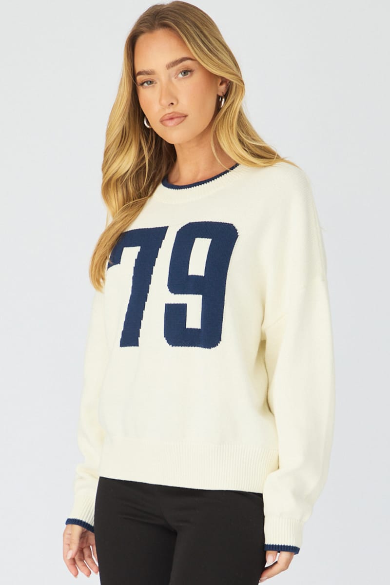White Number Graphic Knit Sweater