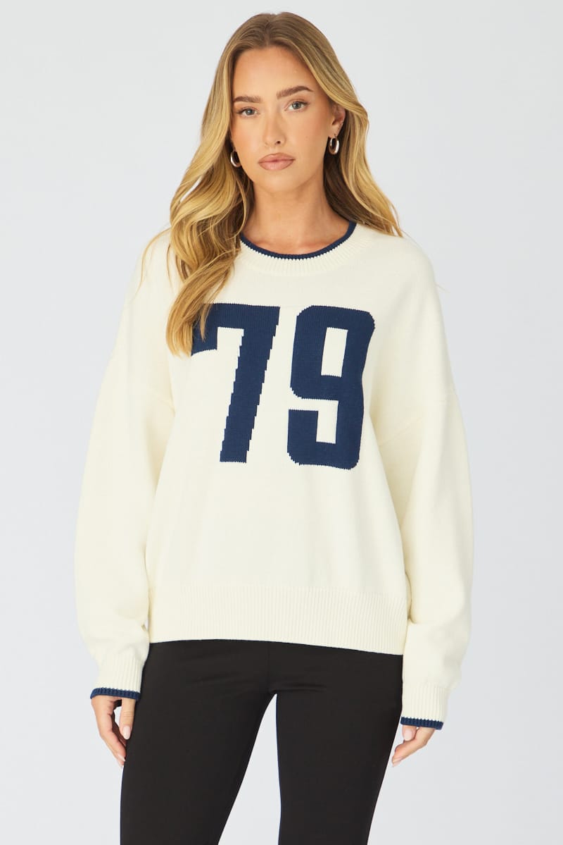 White Number Graphic Knit Sweater