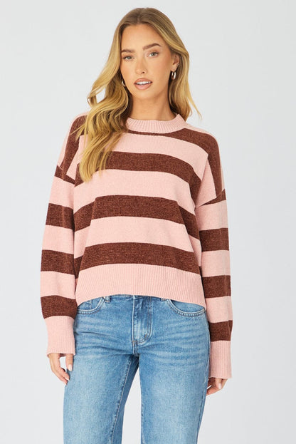 Pink Stripe Chenille Stripe Knit Sweater