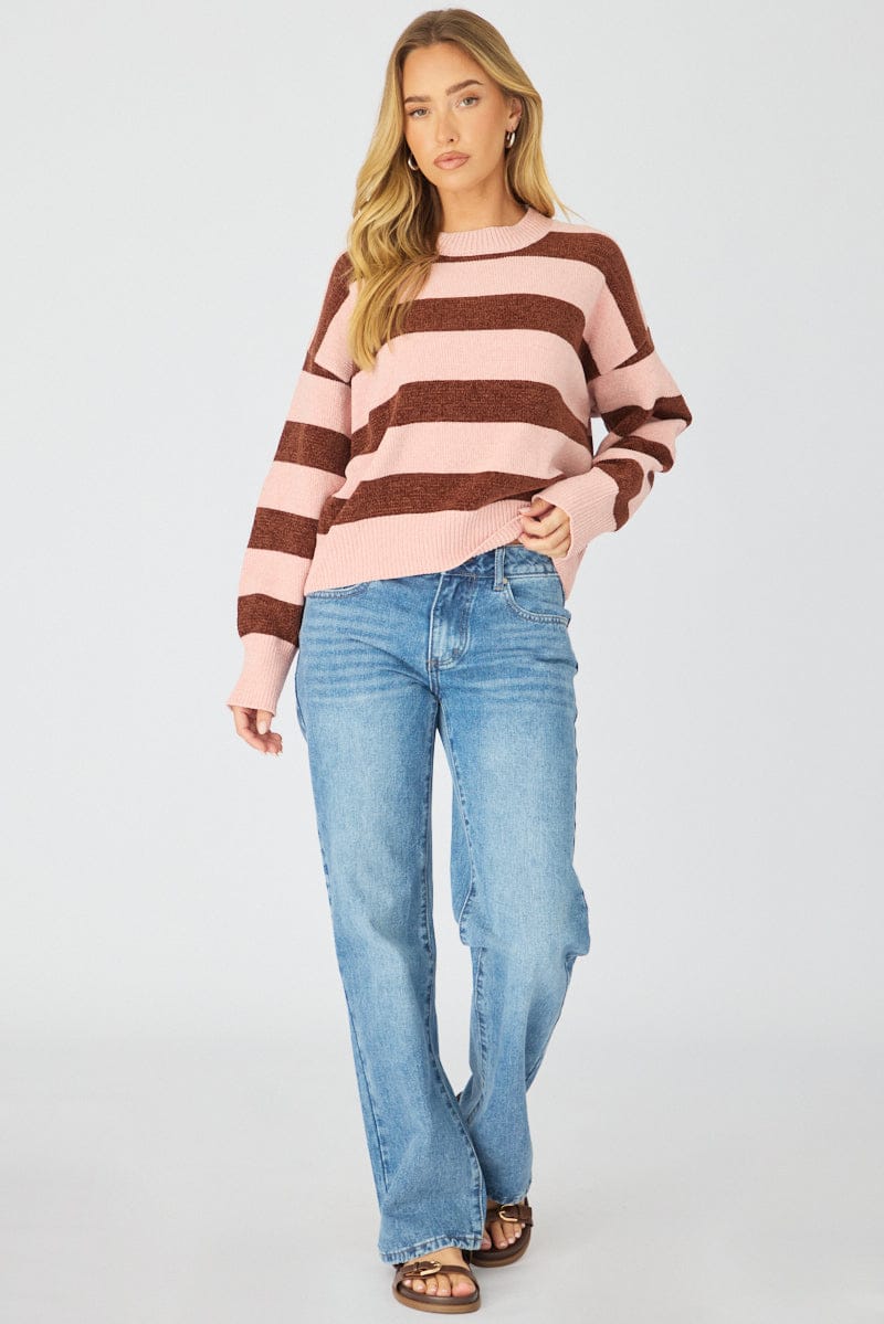 Pink Stripe Chenille Stripe Knit Sweater