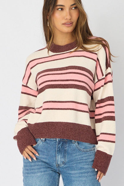 Brown Stripe Chenille Stripe Knit Sweater