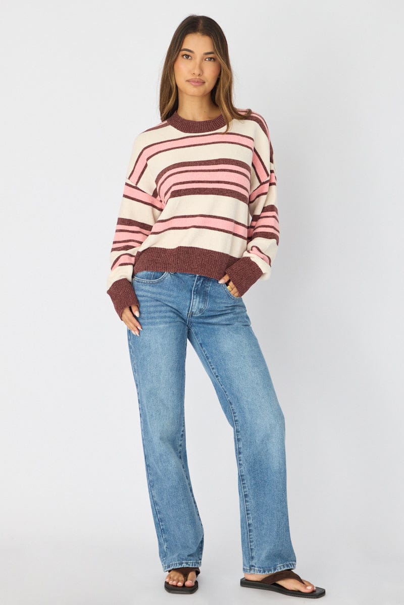 Brown Stripe Chenille Stripe Knit Sweater