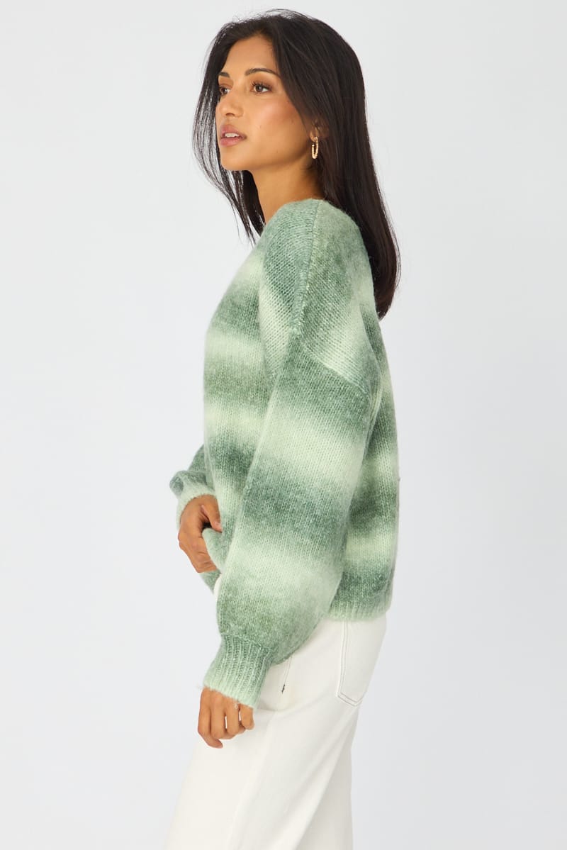 Green Abstract Ombre Stripe Knit Sweater Boat Neck
