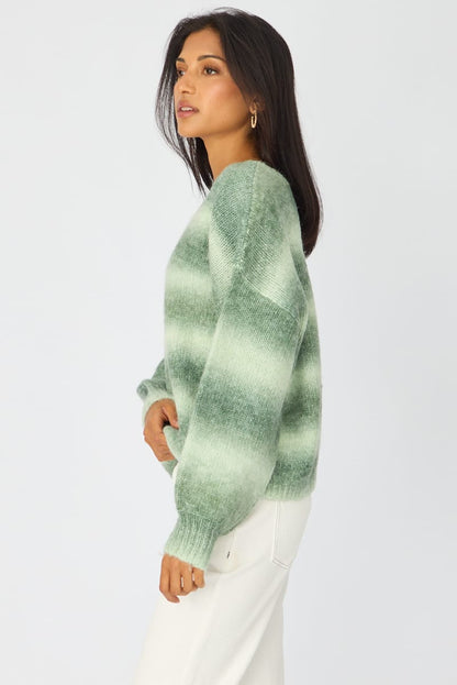 Green Abstract Ombre Stripe Knit Sweater Boat Neck