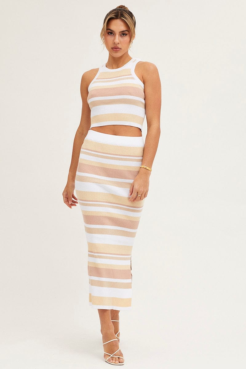 Stripe High Waist Side Split Knit Midi Skirt