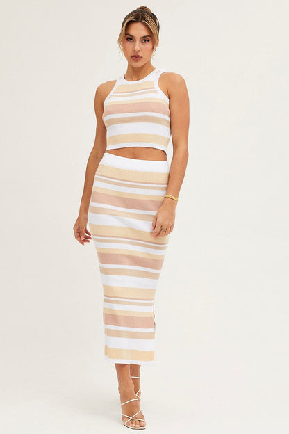 Stripe High Waist Side Split Knit Midi Skirt