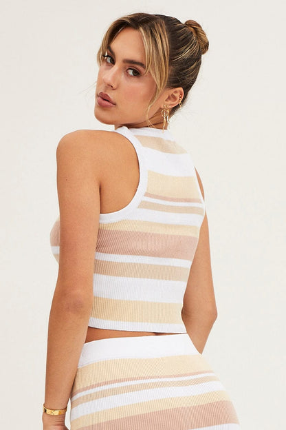 Stripe High Waist Side Split Knit Midi Skirt