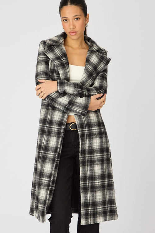 Brown Check Belted Coat Knee Length Long Sleeve