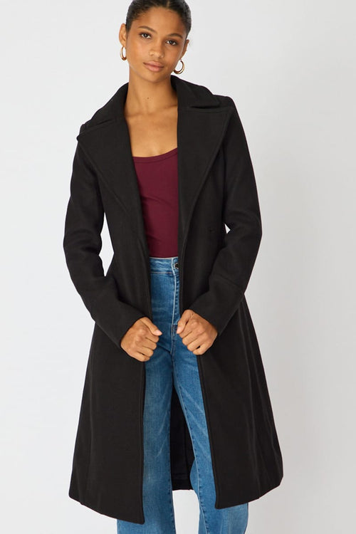 Black Belted Coat Knee Length Long Sleeve