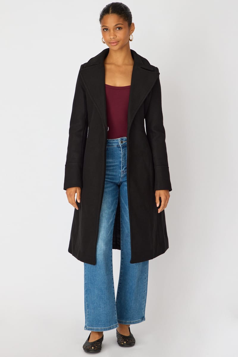 Black Belted Coat Knee Length Long Sleeve