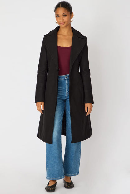 Black Belted Coat Knee Length Long Sleeve