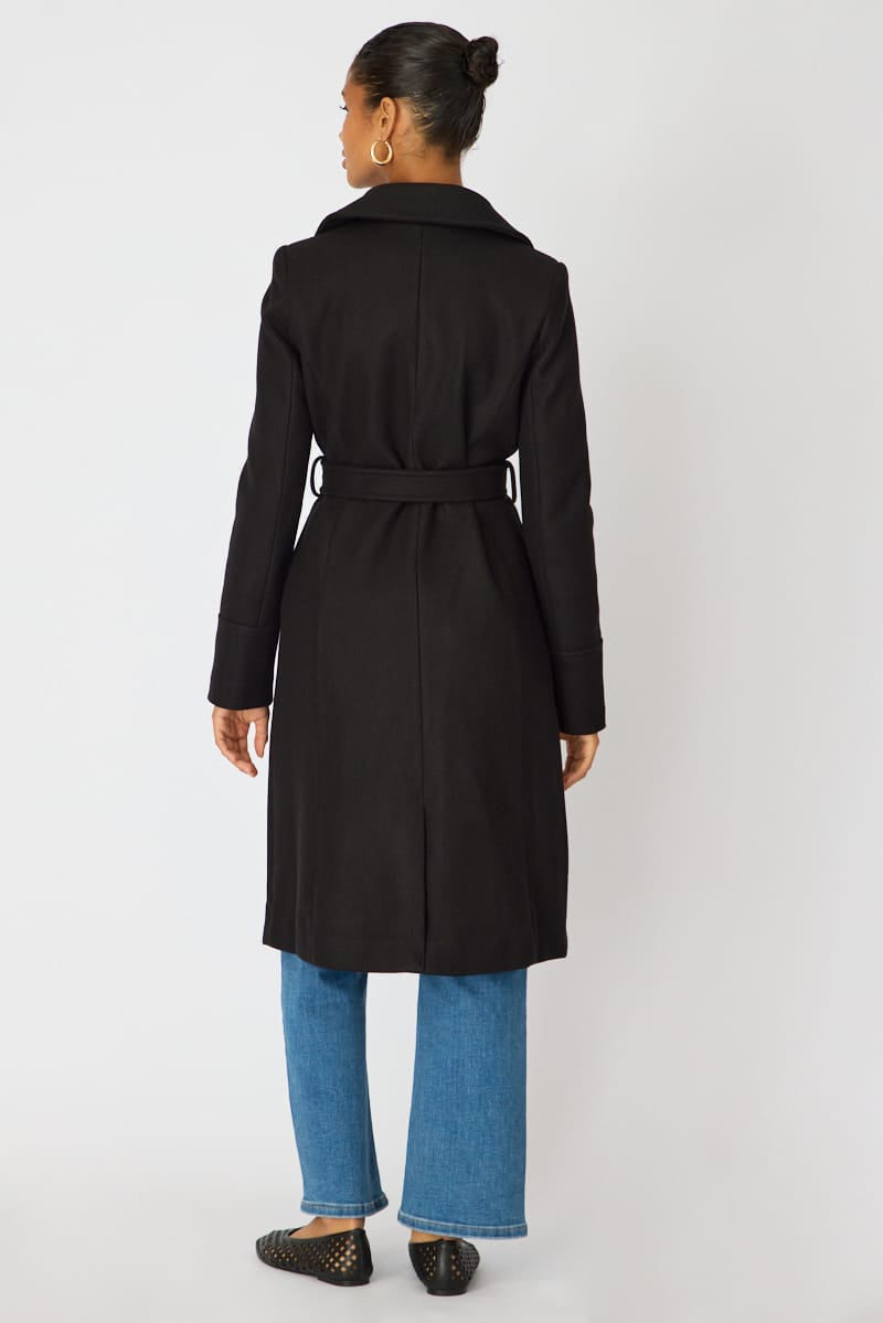 Black Belted Coat Knee Length Long Sleeve