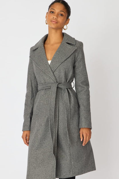 Grey Belted Coat Knee Length Long Sleeve
