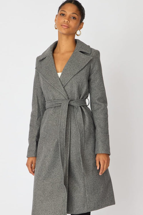 Grey Belted Coat Knee Length Long Sleeve