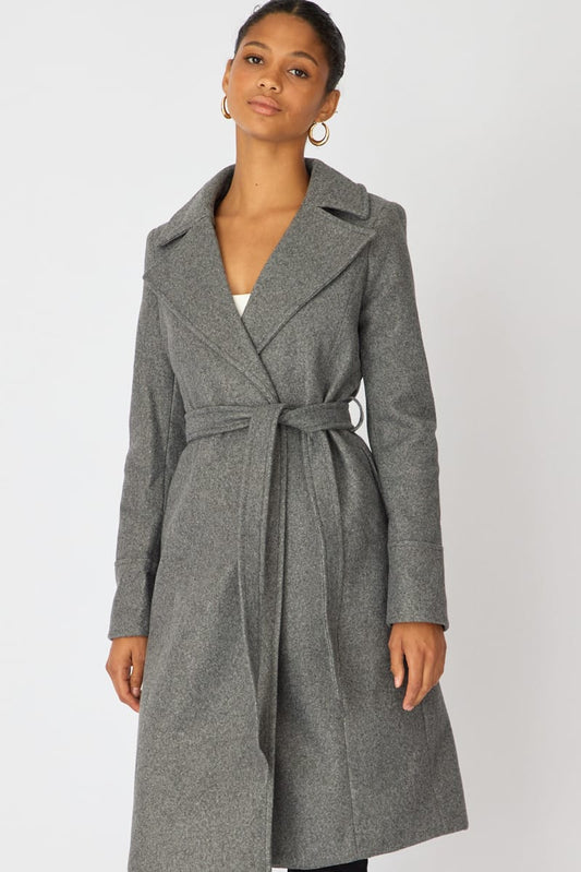 Grey Belted Coat Knee Length Long Sleeve